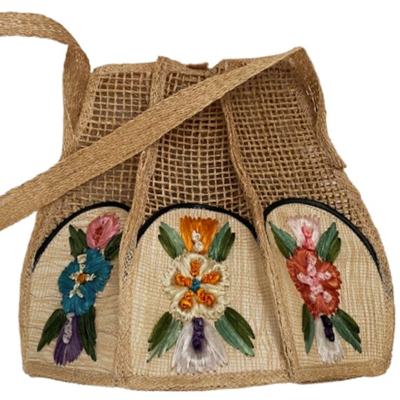 Vintage 50s Artisan Wicker Woven Straw Raphia Shoulder Bag Embroidered Flowers - Picture 3 of 15